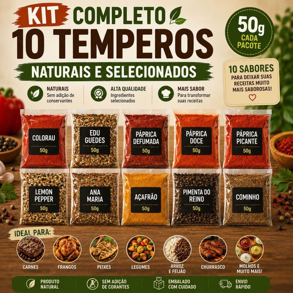TEMPEROS E CONDIMENTOS KIT 10 UNIDADES NATURAIS SEM CONSERVANTES 50G CADA