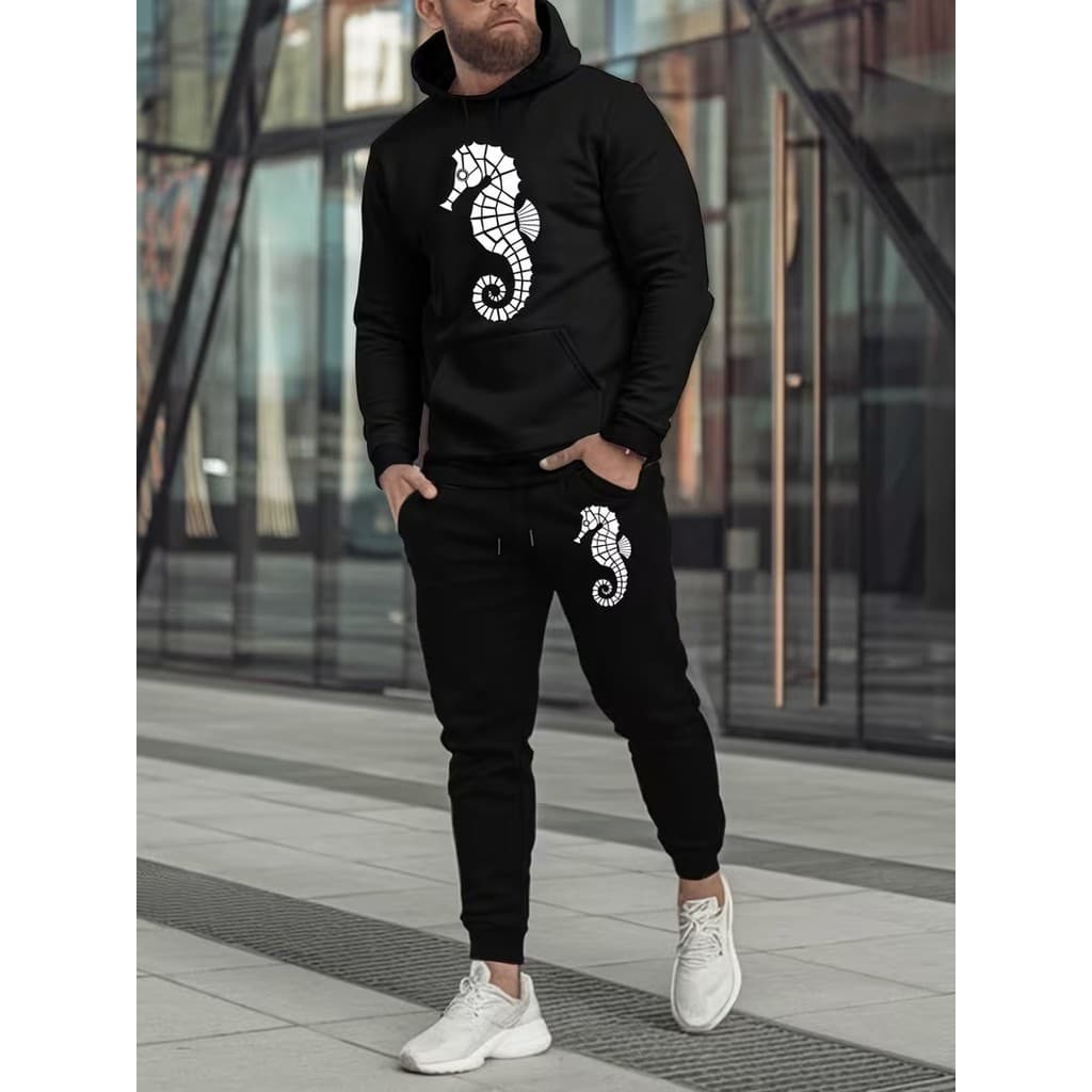 Conjunto Moletom Canguru Masculino Cavalo marinho Blusa De Frio + Calça Moletom Estampados Unissex Outono/Inverno