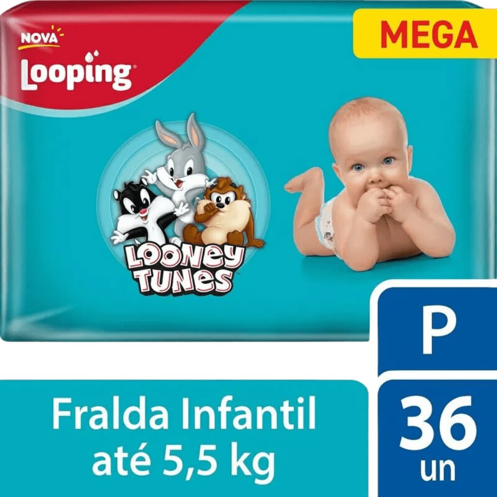 Fralda Looping Looney Tunes Mega P com 36 Unidades