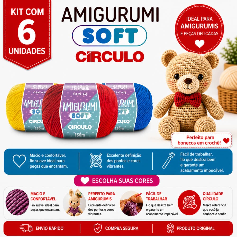 Kit 6 Linha Amigurumi Soft Círculo 150m Fio para Crochê e Amigurumi