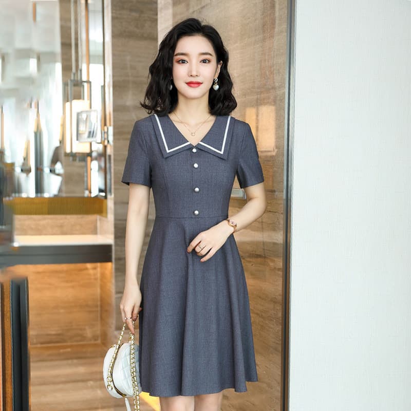 Verão cinza moda vestido feminino de manga curta temperamento vestido profissional Workwear mais magro olhar magro