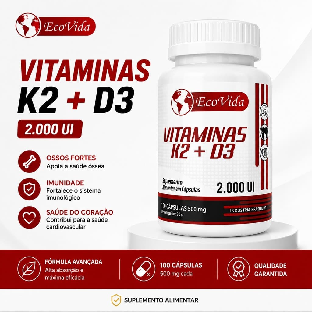 Vitamina K2 + D3 Original 60 Caps Auxilia Saúde Óssea Absorção Cálcio Sistema imunológico Suplemento