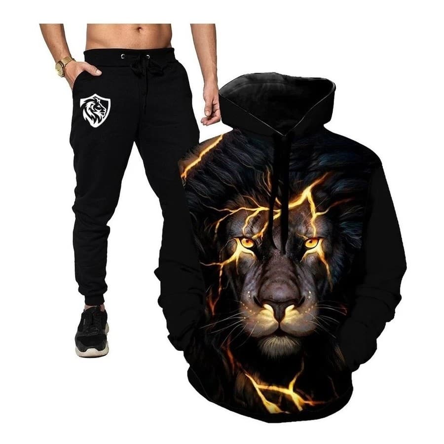 Conjunto Moletom Masculino Leão Blusa De Frio Canguru Bolso e Capuz + Calça Moletom Estampados Unissex Outono/Inverno