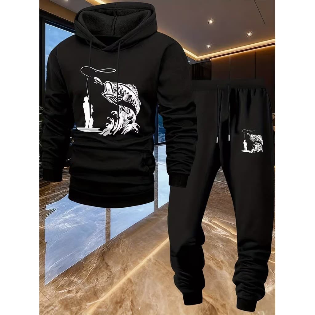 Conjunto Moletom Canguru Masculino Pesca grande Blusa De Frio + Calça Moletom Estampados Unissex Outono/Inverno