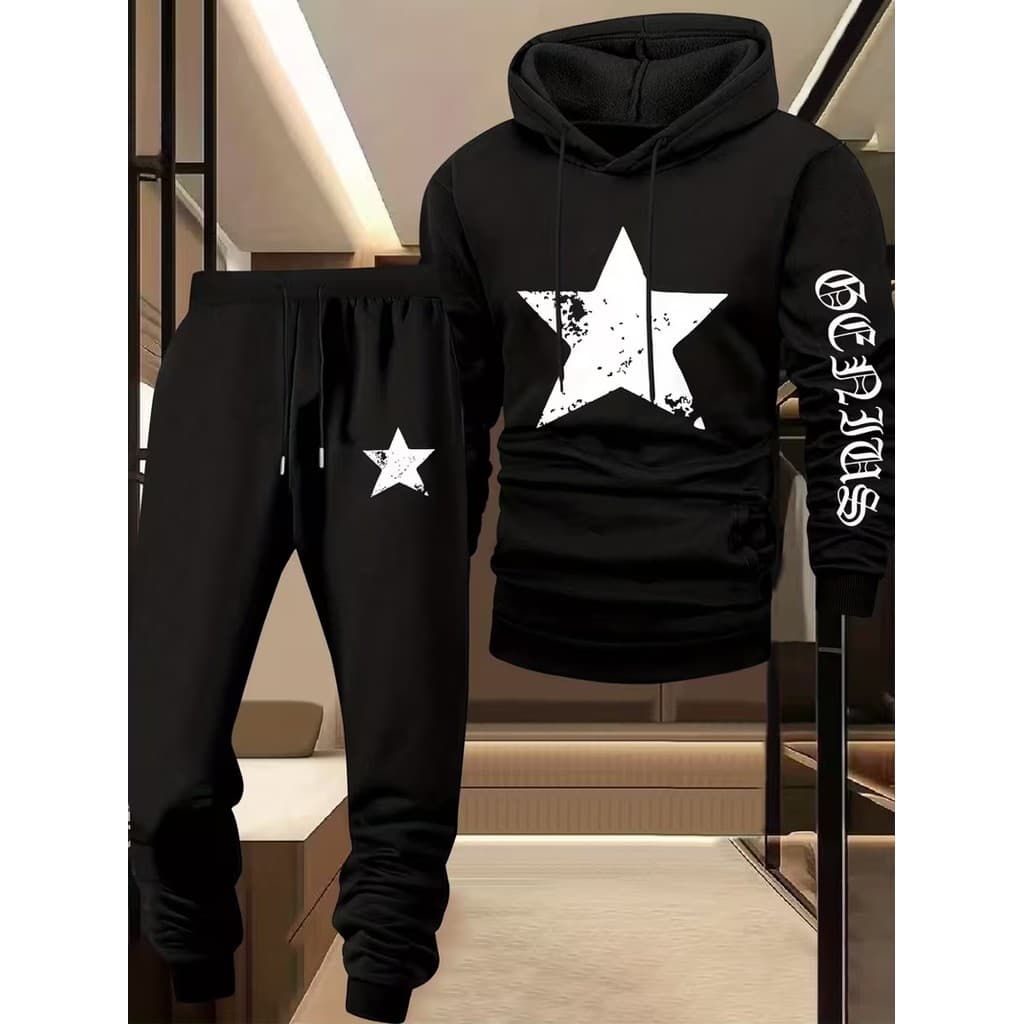 Conjunto Moletom Canguru Masculino Estrela Blusa De Frio + Calça Moletom Estampados Unissex Outono/Inverno