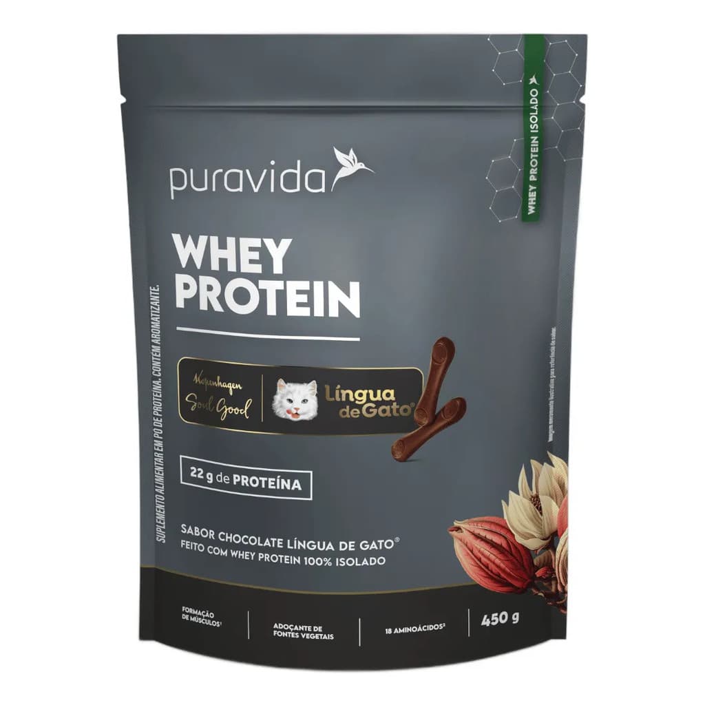 WHEY PROTEIN ISOLADO SABOR CHOCOLATE LÍNGUA DE GATO 450G Puravida Pura vida