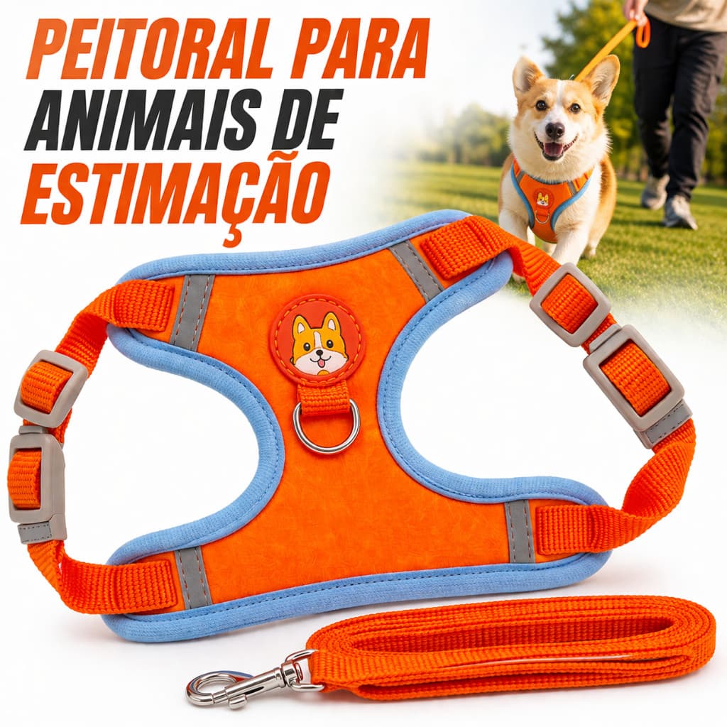 Coleira Peitoral Cachorro Ajustável com Guia Anti Puxão Confortável Respirável Seguro Cães Pequenos e Médios