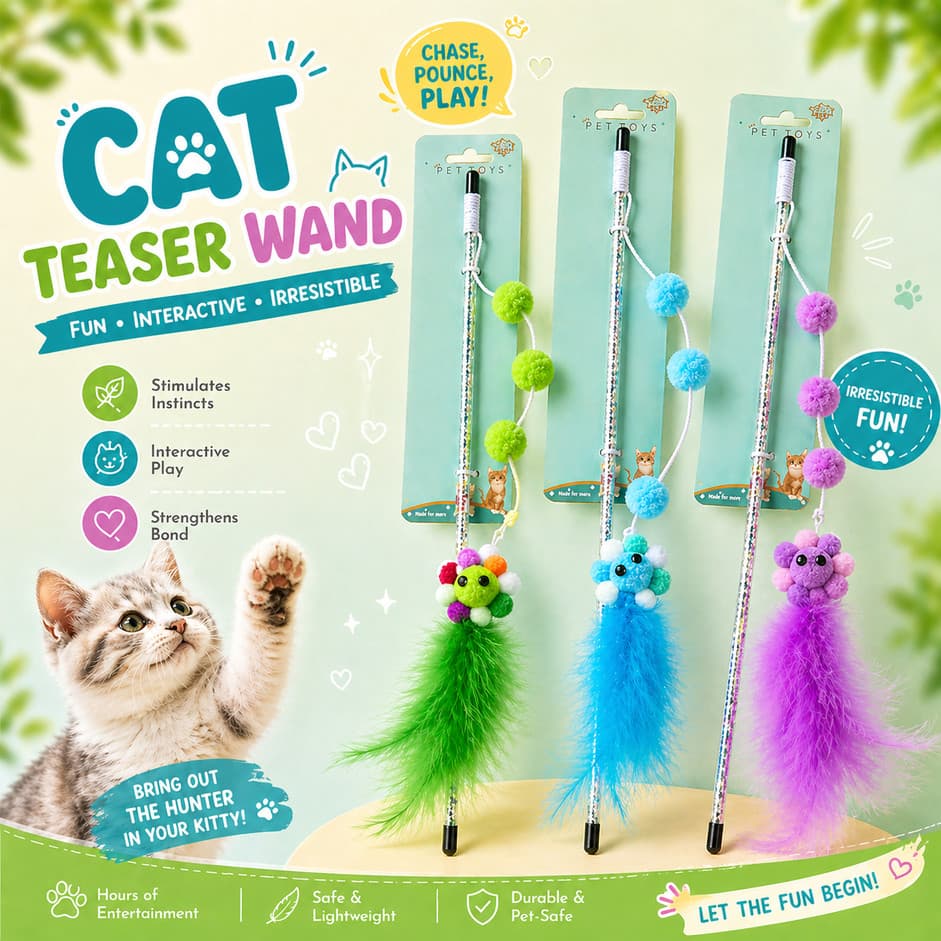 Varinha Brinquedo para Gatos Pet com Flor Pompom Penas e Guizo Bastão Interativo para Entreter e Atiçar Gato Anti Stress
