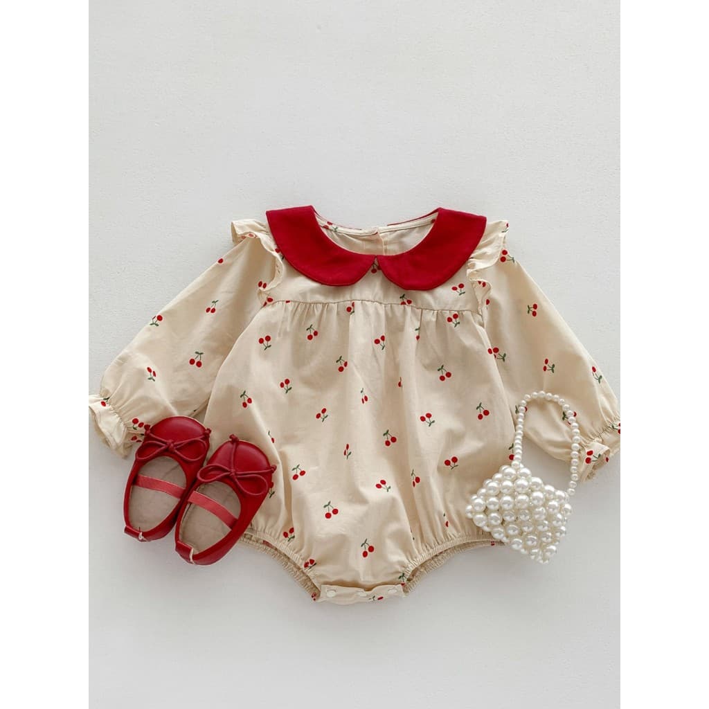 Versão coreana roupas de outono bebê menina manga comprida impressão completa cereja macacão bebê doce bonito bebê macac