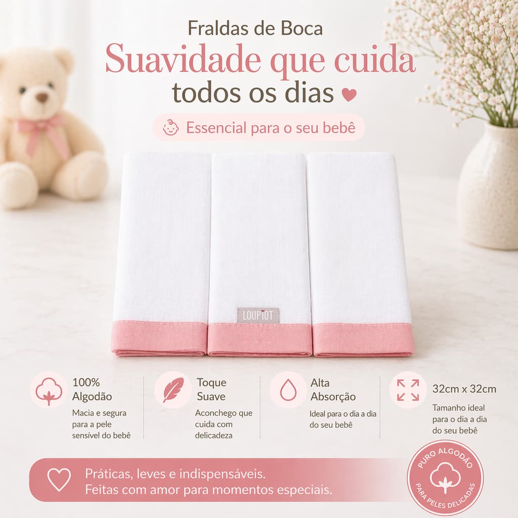 Paninho de Boca Bebê Kit 3 Unidades 32x32cm Algodão Pele Sensível Macio Absorvente Enxoval Babá Fralda Pano Lavavel