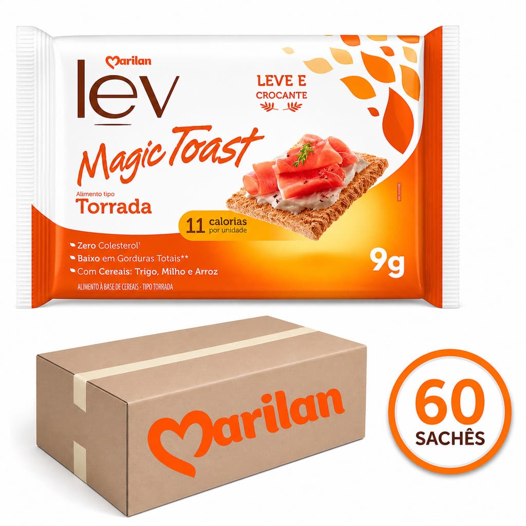 Torrada Lev Magic Toast Marilan 60 Sachês 9g Leve Crocante Baixa Caloria Snack Saudável