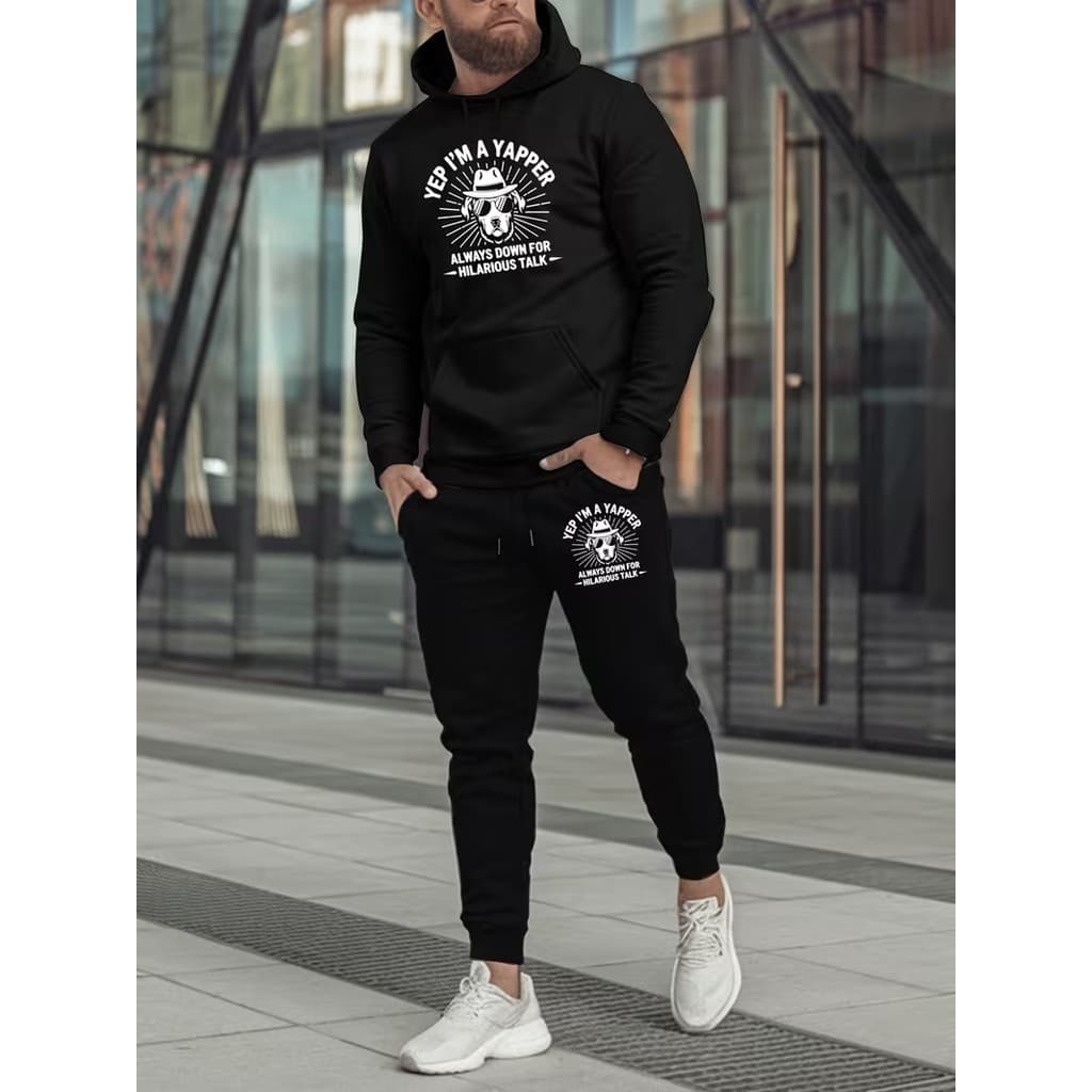 Conjunto Moletom Masculino Yep im yapper Blusa De Frio Canguru Bolso e Capuz+Calça Moletom Estampado Outono/Inverno