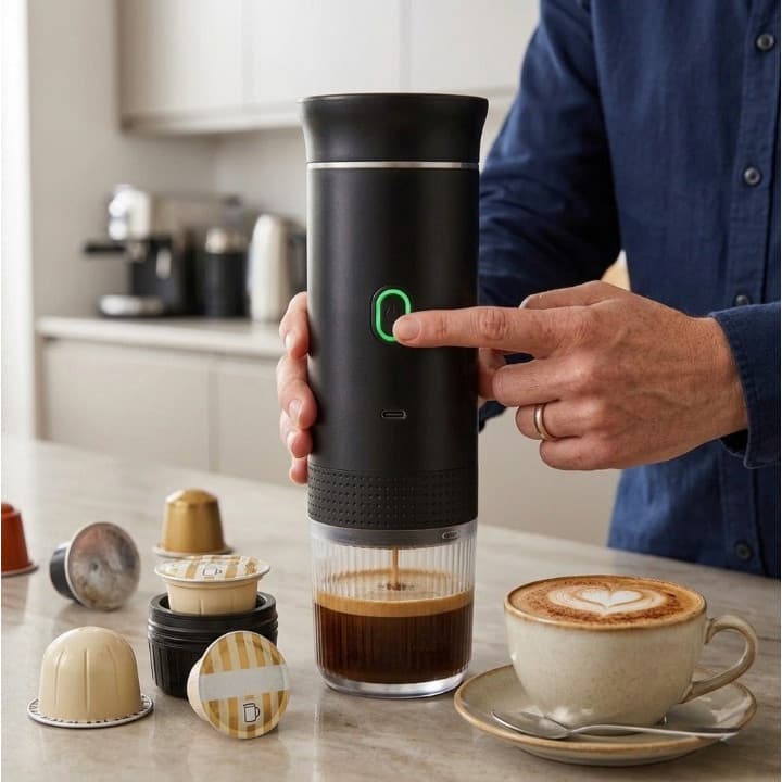 Cafeteira Expresso USB Portátil 3 em 1 Compatível com Cápsulas e Café Moído omni 