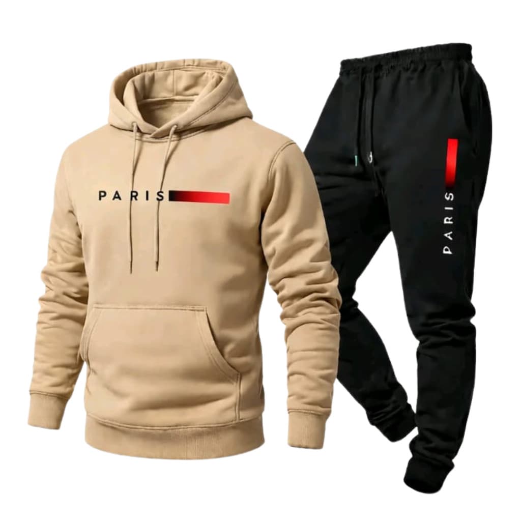 Conjunto Moletom Masculino Bege Com Capuz + Calça Jogger Estilo Streetwear Inverno Confortável