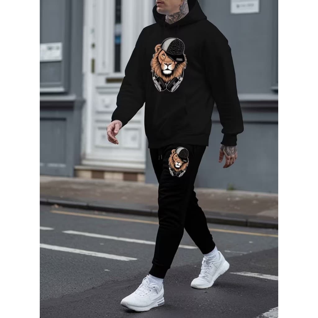 Conjunto Moletom Canguru  Masculino Leão drack Blusa De Frio + Calça Moletom Estampados Unissex Outono/Inverno