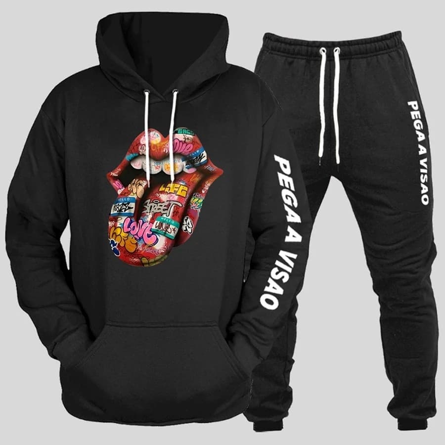 Conjunto Moletom Canguru Masculino Boca Lingua Blusa De Frio + Calça Moletom Estampados Unissex Outono/Inverno