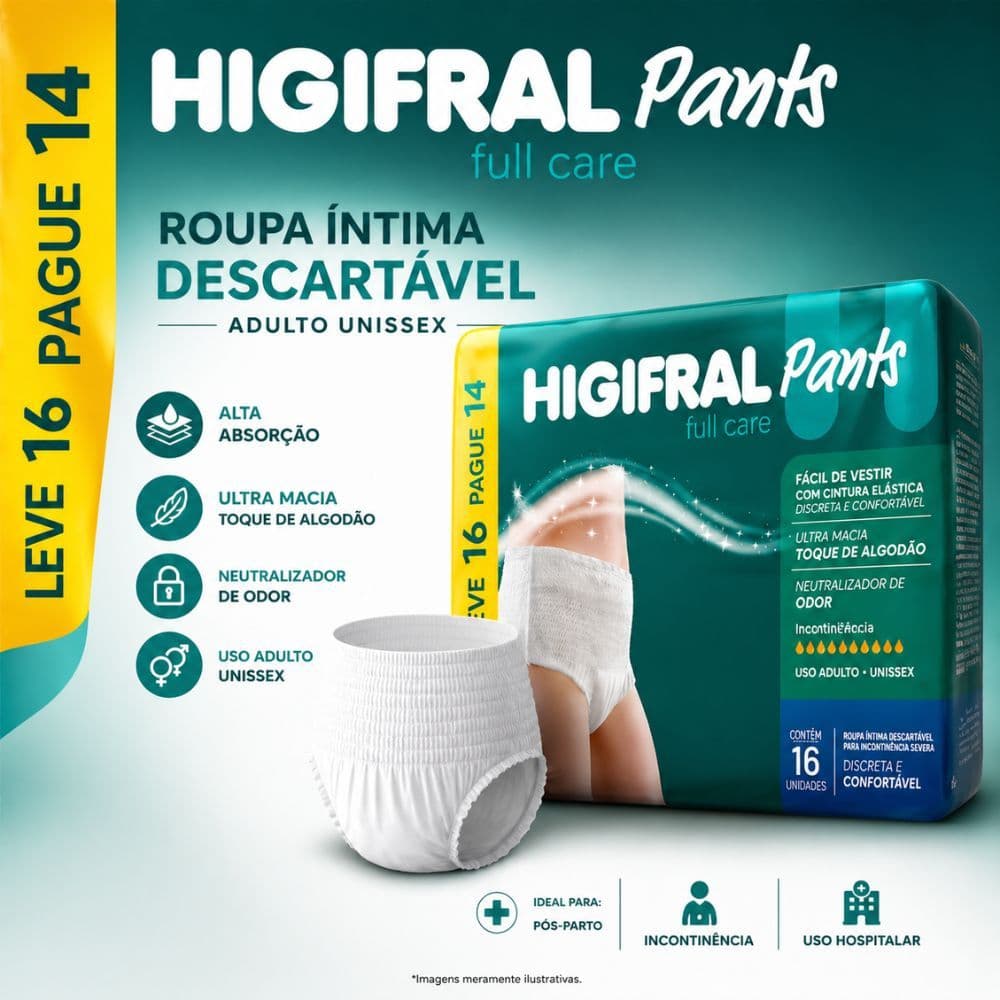 Roupa Íntima Descartável Adulto Higifral Pants Unissex Alta Absorção Confortável Uso Pós-Parto e Incontinência