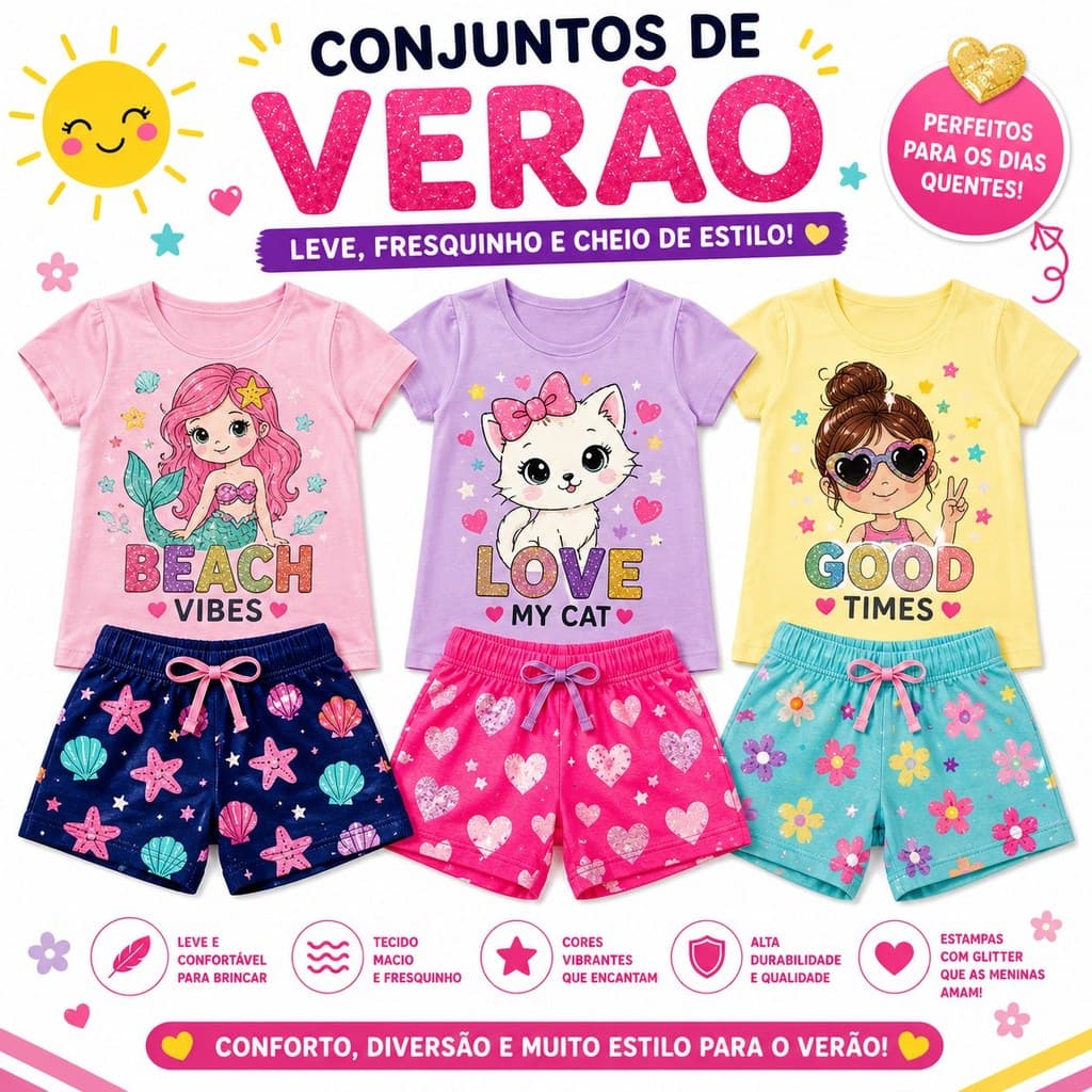 Kit Sortido 6 Peças de Conjunto Infantil Feminino VERÃO MENINA Blusa e Short Roupa Fresquinha e Confortável Bebê VERÃO