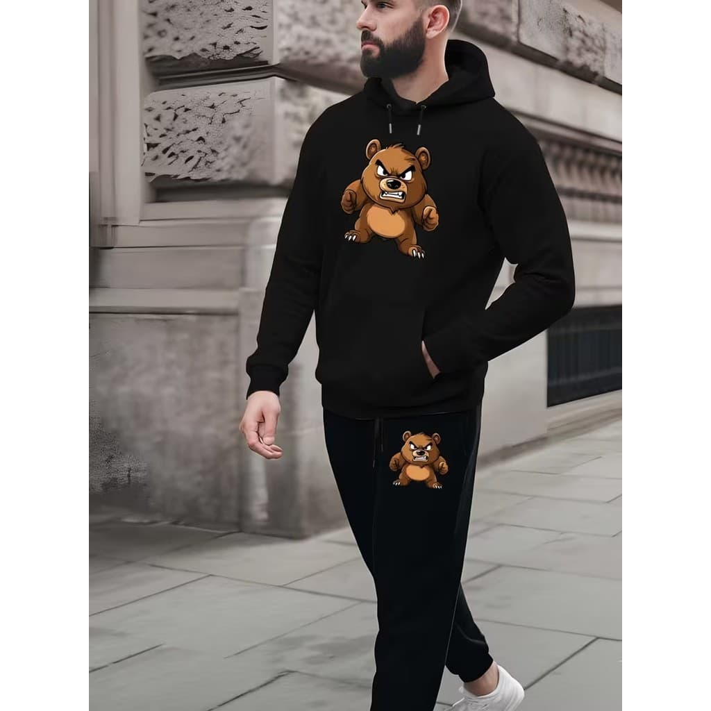Conjunto Moletom Masculino Urso zangado Blusa De Frio Canguru Bolso e Capuz + Calça Moletom Estampado Outono/Inverno