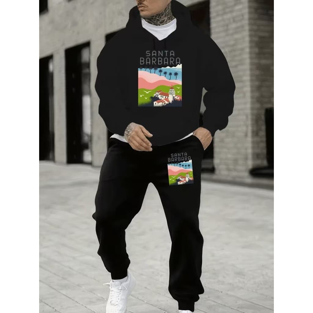 Conjunto Moletom Canguru Masculino Santa Barbara Blusa De Frio + Calça Moletom Estampados Unissex Outono/Inverno