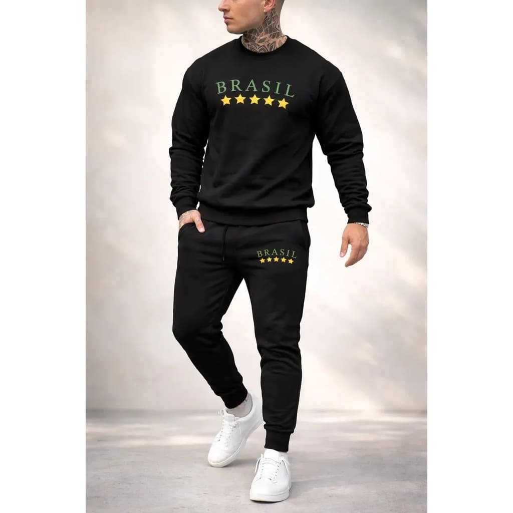 Conjunto Moletom Careca Masculino Brasil Star Blusa De Frio + Calça Moletom Estampados Unissex Outono/Inverno