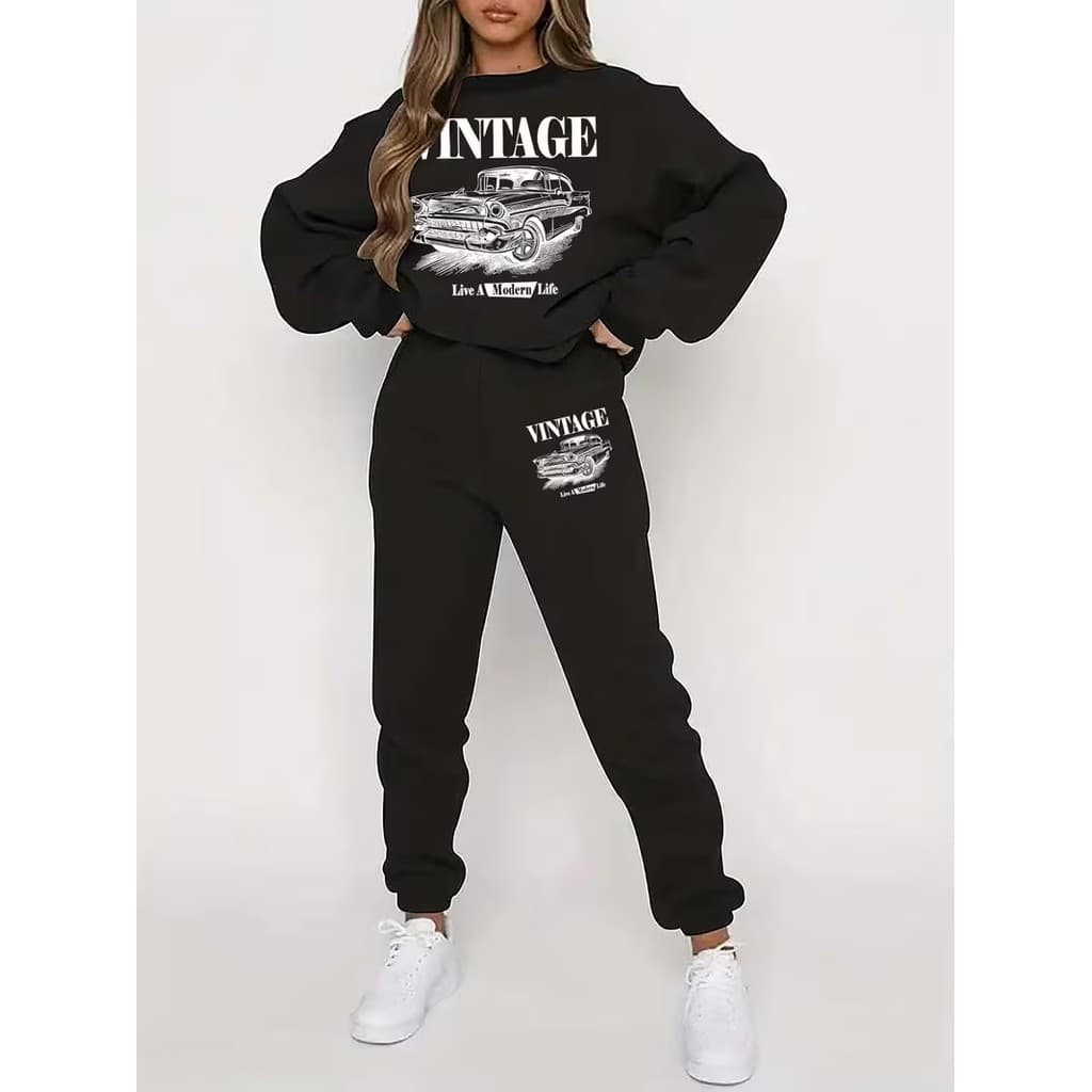 Conjunto Moletom Careca Feminino Vintage Modern Blusa De Frio + Calça Moletom Estampados Unissex Outono/Inverno