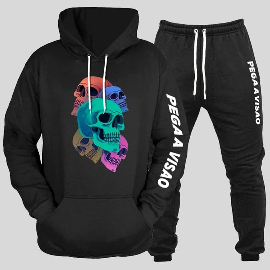 Conjunto Moletom Canguru Masculino Caveira  Blusa De Frio + Calça Moletom Estampados Unissex Outono/Inverno