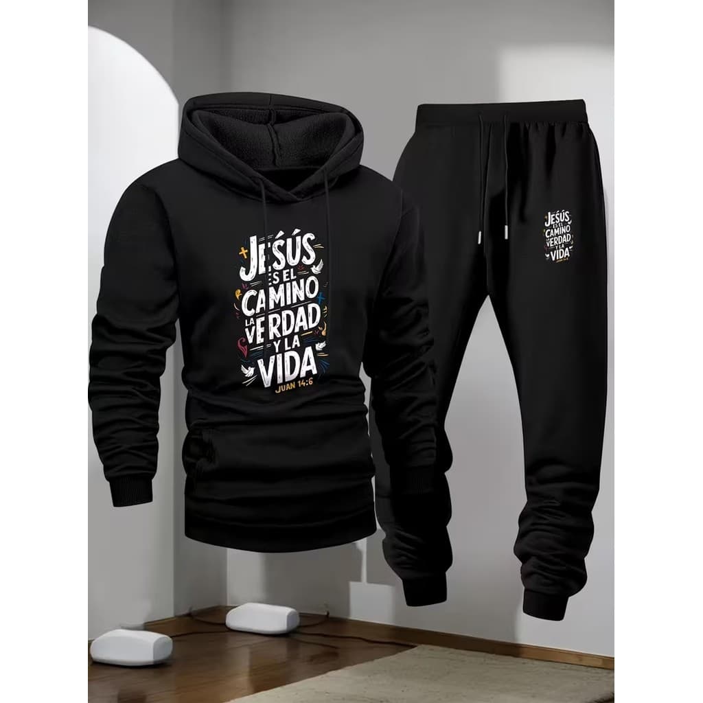 Conjunto Moletom Canguru Masculino Jesus Caminho Verdade E Vida Blusa De Frio + Calça Moletom Estampados Unissex Inverno