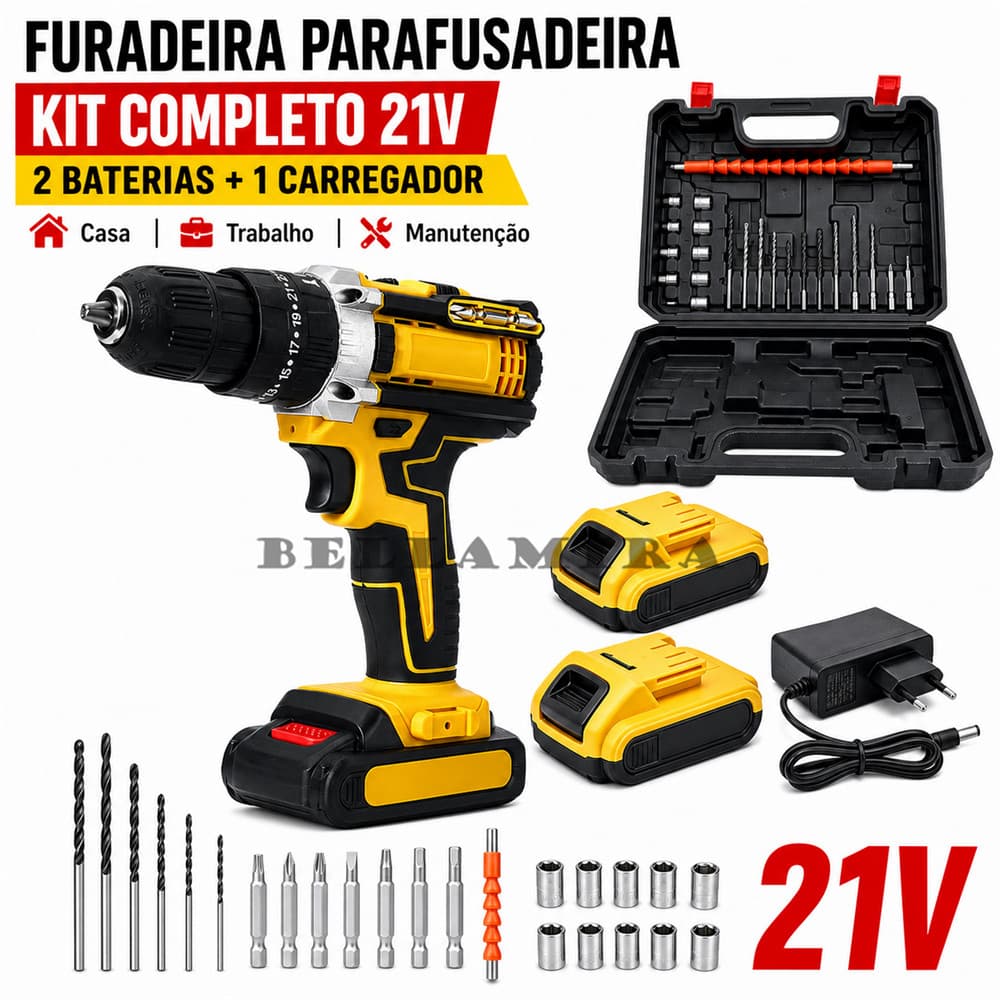 Parafusadeira Furadeira 21V/12V 2 Baterias Com Maleta e Acessorios Completo