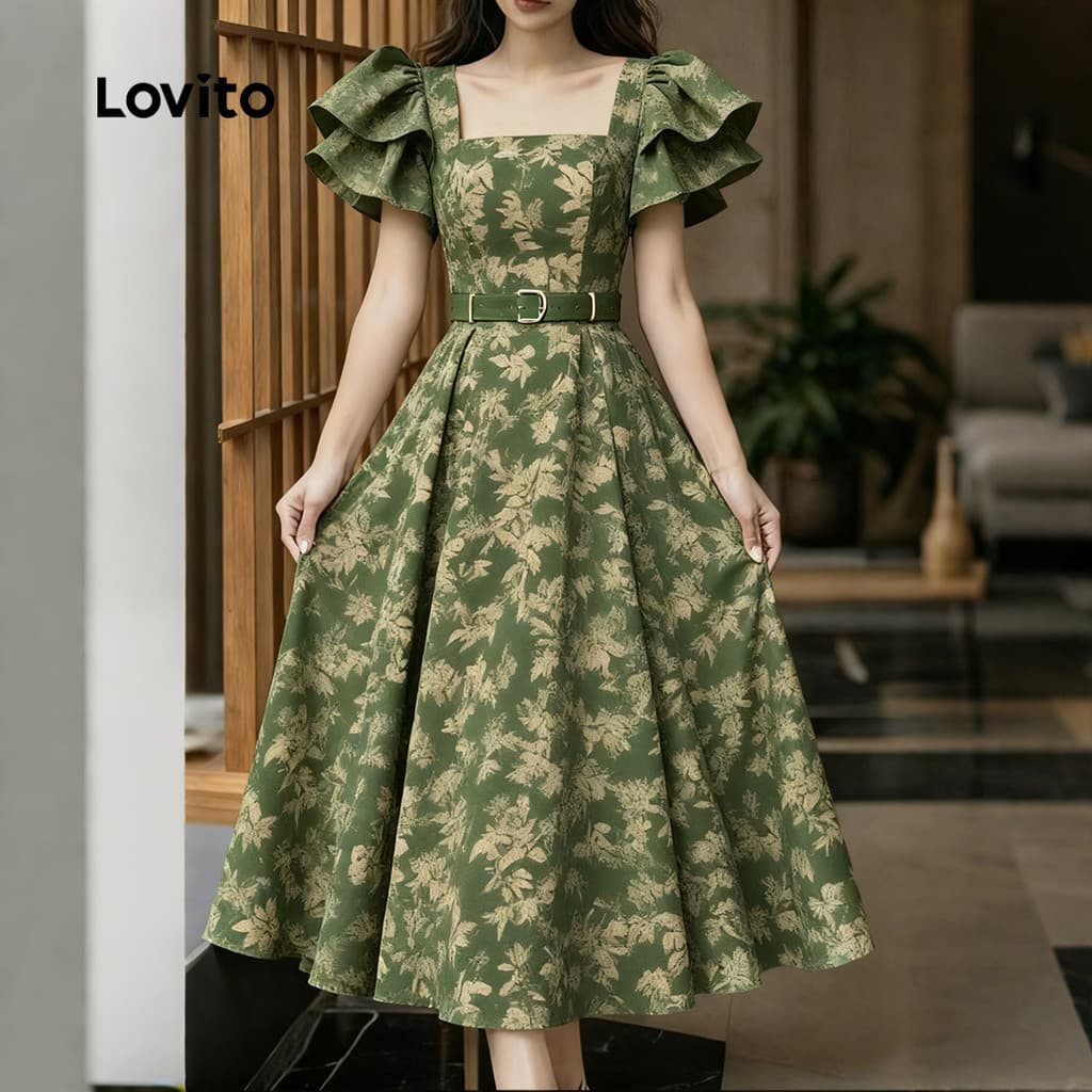 Lovito Elegante Vestido De Festa Com Flores E Babados Para Primavera/verão Vestido LK2EDD123