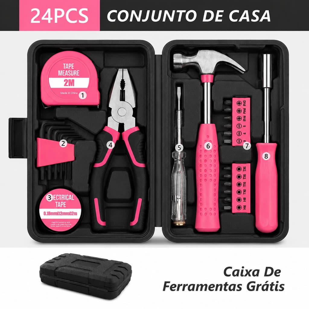 kit de Ferramentas 24 Peças Completo para Reparos em casa na Cor Rosa Maleta Preta