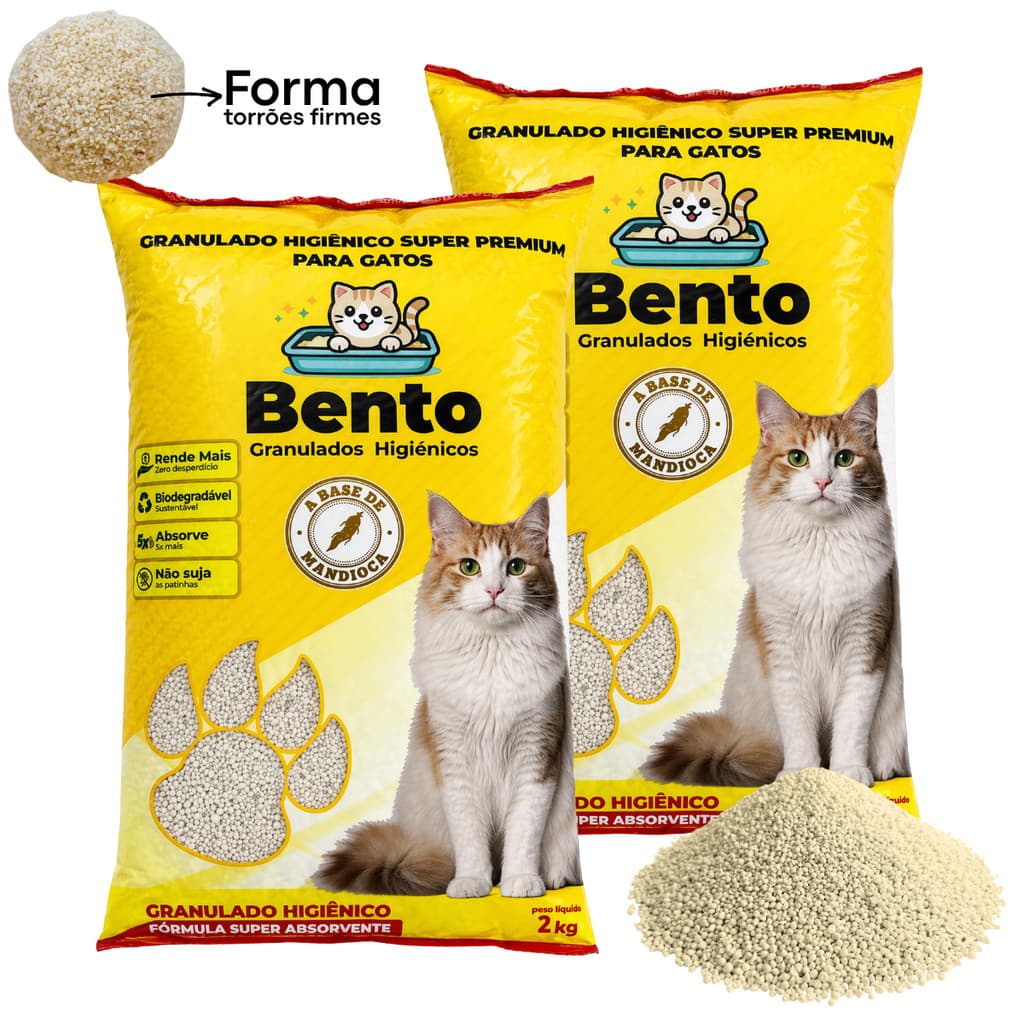 Kit 2 Areia Sanitária Higiênica Gatos Premium 100% Mandioca Natural Biodegradável Premium Bento 2Kg