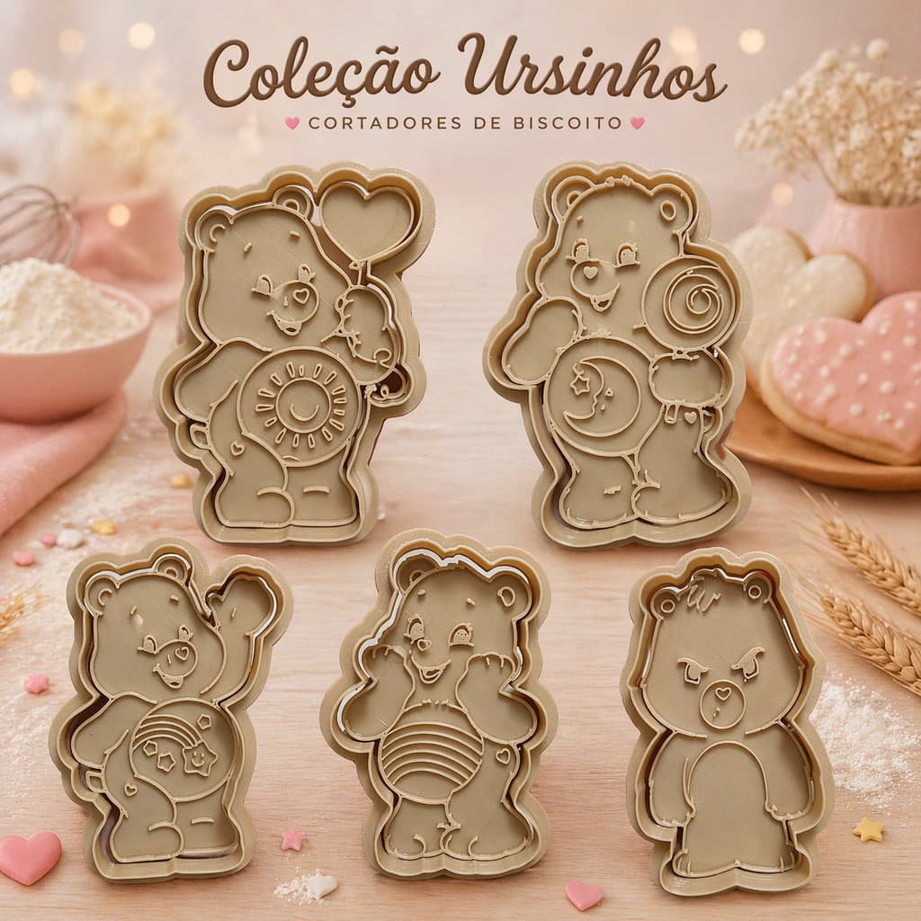 Kit 5 Cortadores de Biscoito e massinha de modelar Ursinhos Carinhosos