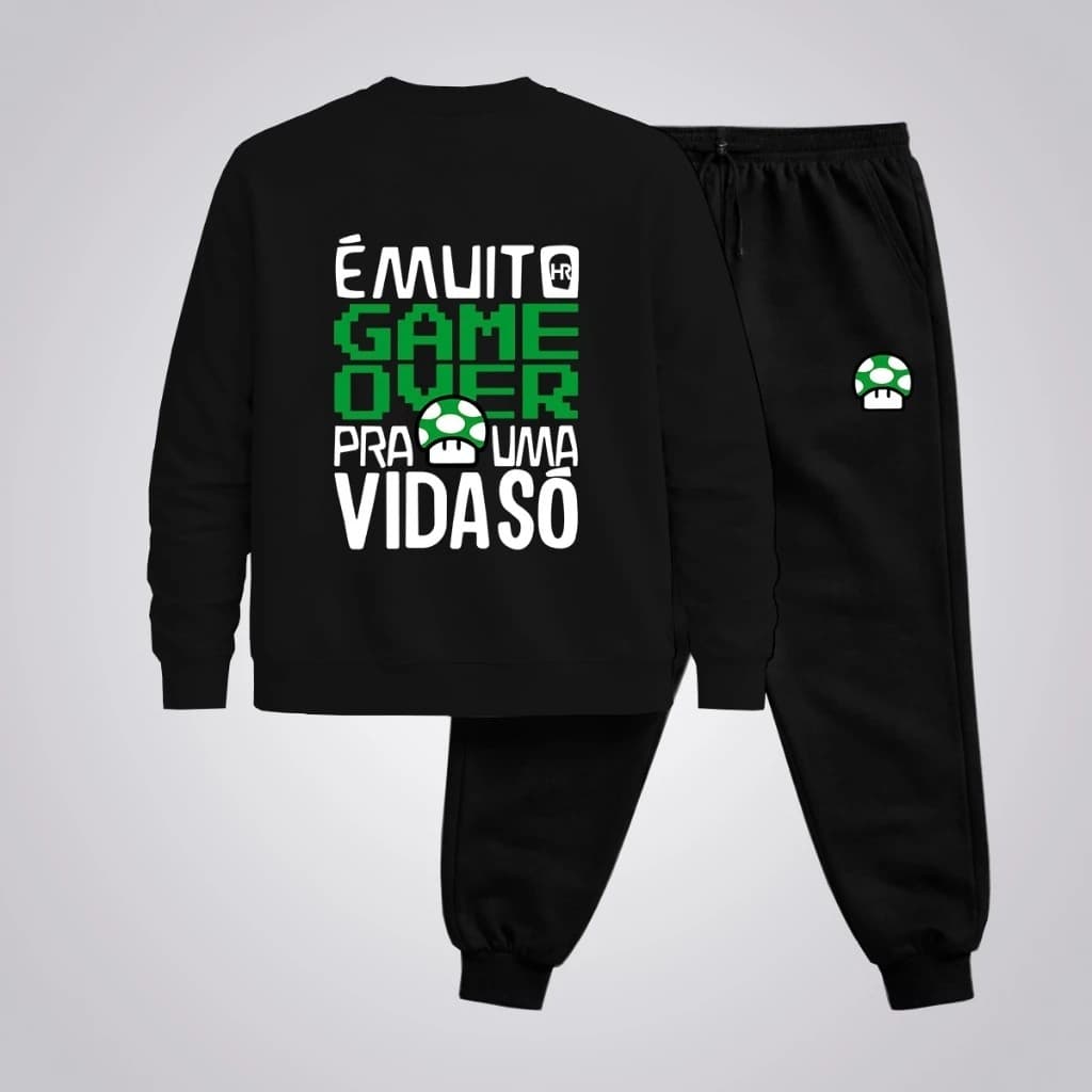 Conjunto Moletom Careca Masculino Game Over Blusa De Frio + Calça Moletom Estampados Unissex Outono/Inverno