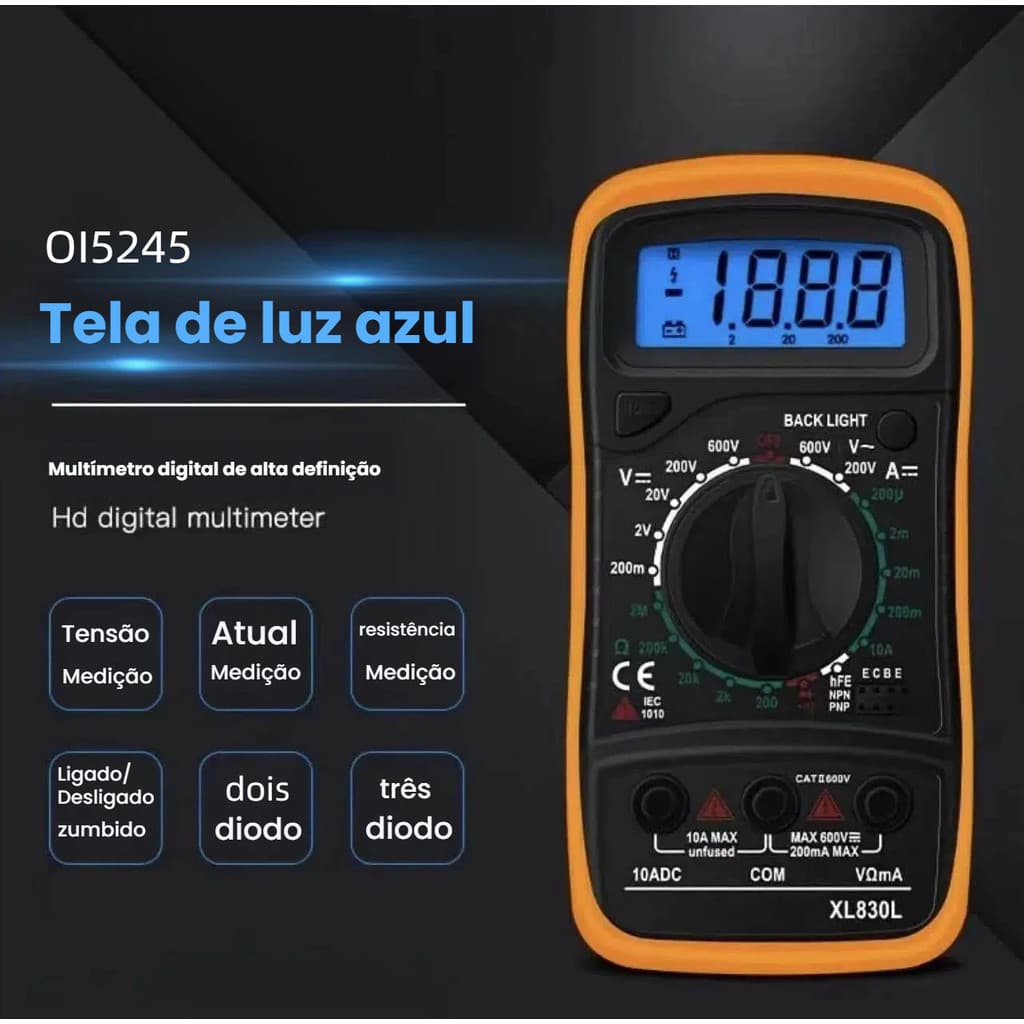 Multímetro Digital LCD Profissional AC DC Teste Continuidade Diodo hFE Portátil