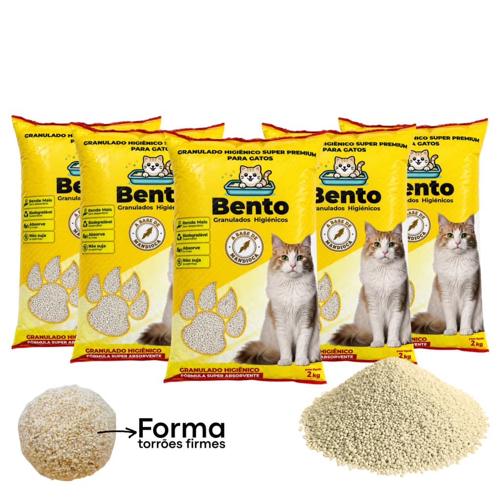 Kit 5 Areia Sanitária Higiênica Gatos Premium 100% Mandioca Natural Biodegradável Premium Bento 2Kg