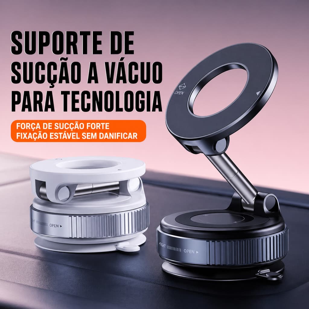 Suporte Magnético 360° para Celular Carro, Base a Vácuo Ajustável, Dobrável Universal e Seguro