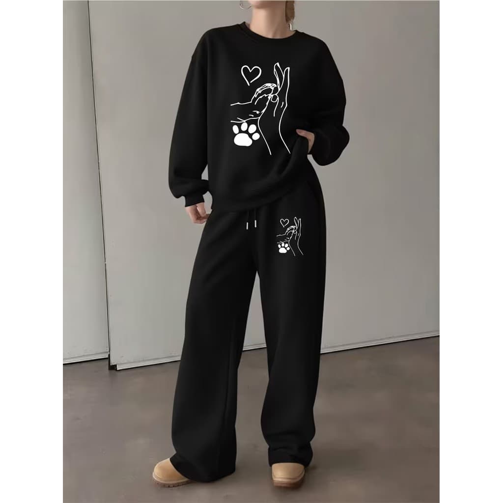 Conjunto Moletom Careca Feminino Love Pets Blusa De Frio + Calça Moletom Estampados Unissex Outono/Inverno