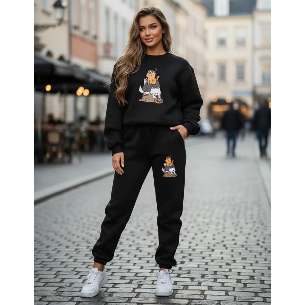 Conjunto Moletom Careca Feminino Montanha de Gatinhos Blusa De Frio + Calça Moletom Estampados Unissex Outono/Inverno