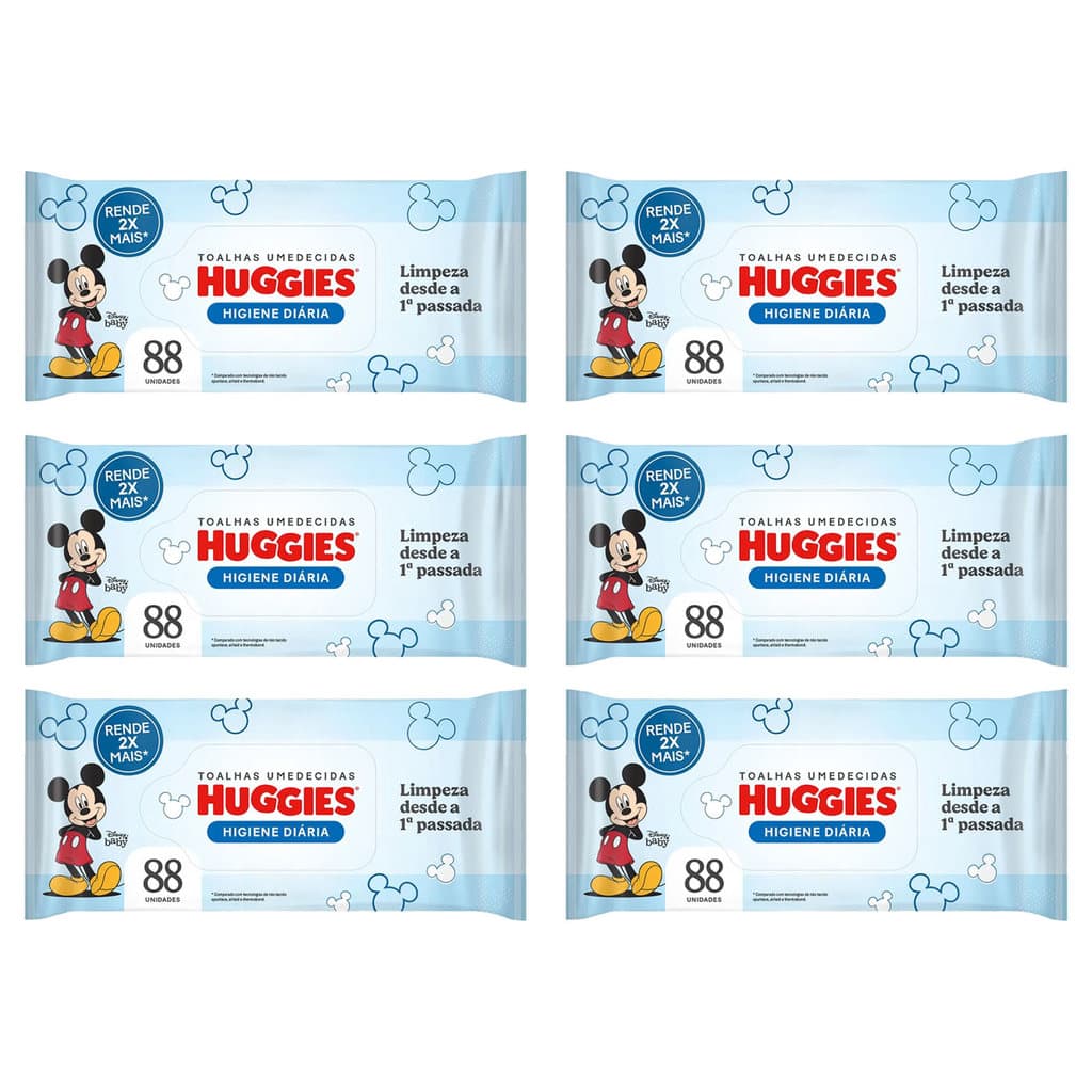 Kit 6 Lenços Umedecidos Huggies Tripla Proteção 88un Cada – Limpeza Suave