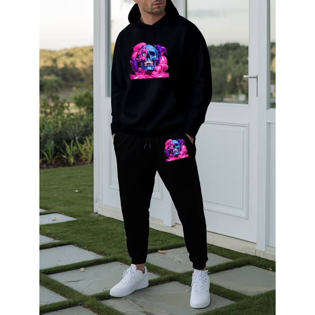 Conjunto Moletom Canguru Masculino Caveira Colorida Blusa De Frio + Calça Moletom Estampados Unissex Outono/Inverno