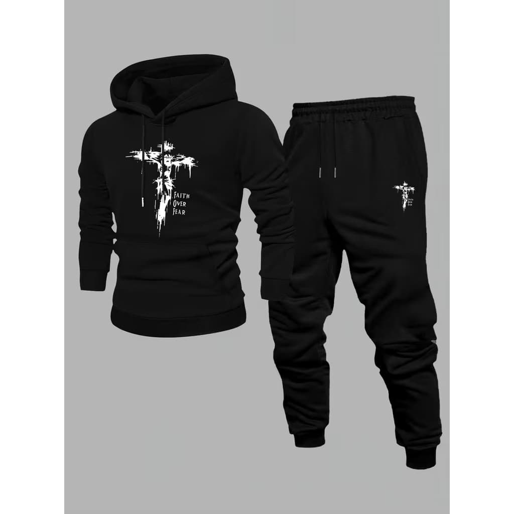 Conjunto Moletom Canguru Masculino Cruz Jesus Blusa De Frio + Calça Moletom Estampados Unissex Outono/Inverno