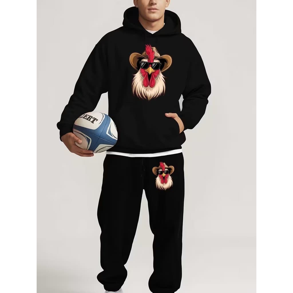 Conjunto Moletom Canguru Masculino Senhor Galo Blusa De Frio + Calça Moletom Estampados Unissex Outono/Inverno