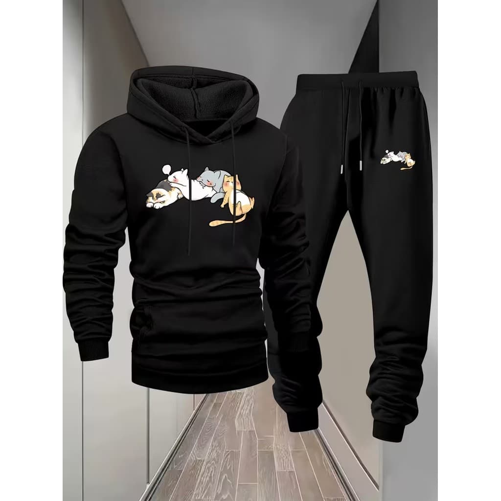 Conjunto Moletom Canguru Masculino Soneca Dos Gatos Blusa De Frio + Calça Moletom Estampados Unissex Outono/Inverno
