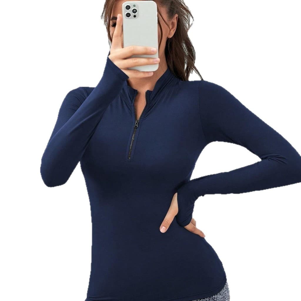 [Venda quente] Yoga exterior roupas de Fitness meio zíper roupas de yoga feminino fino ajuste de manga comprida corpo de