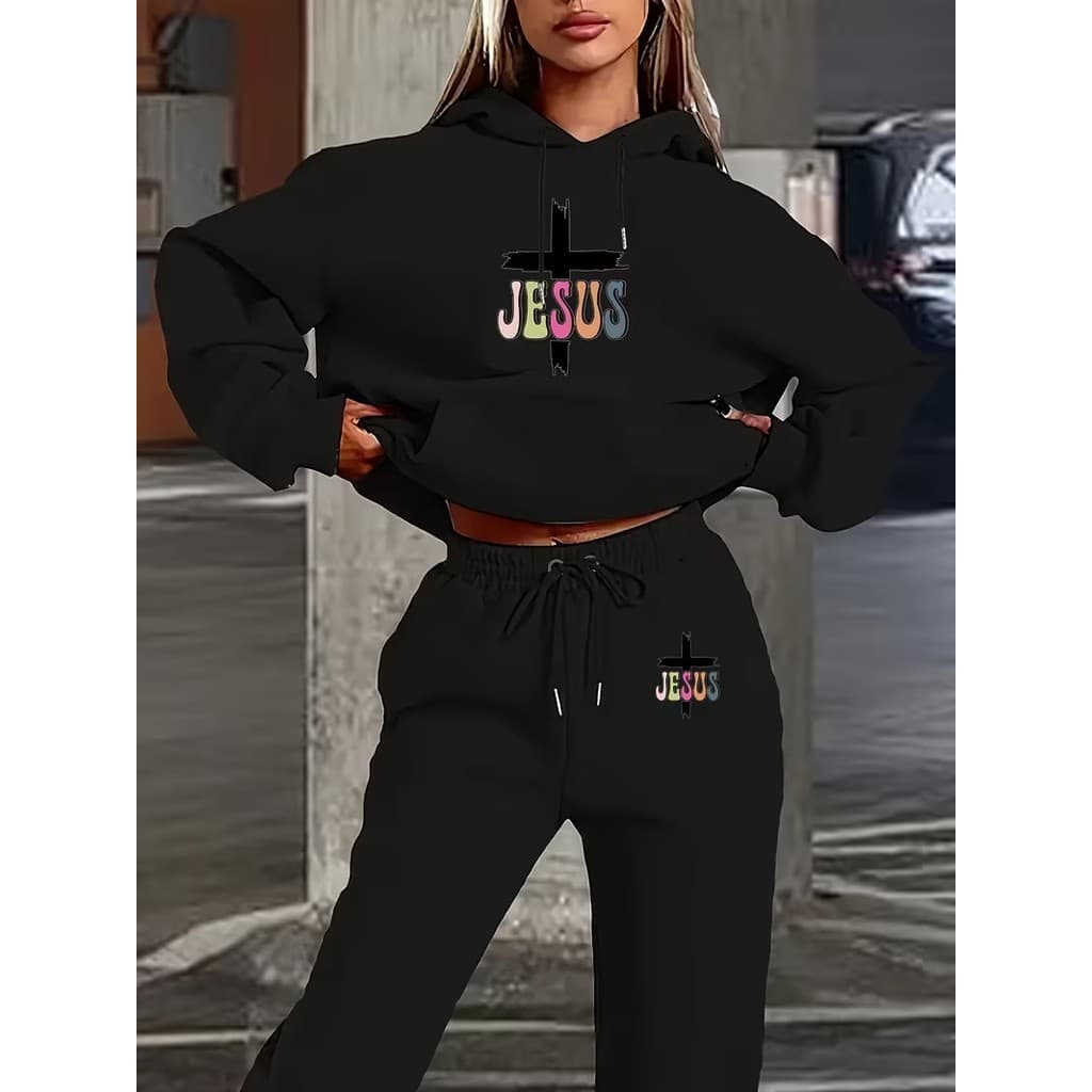 Conjunto Moletom Careca Feminino Cruz De Jesus Blusa De Frio + Calça Moletom Estampados Unissex Outono/Inverno