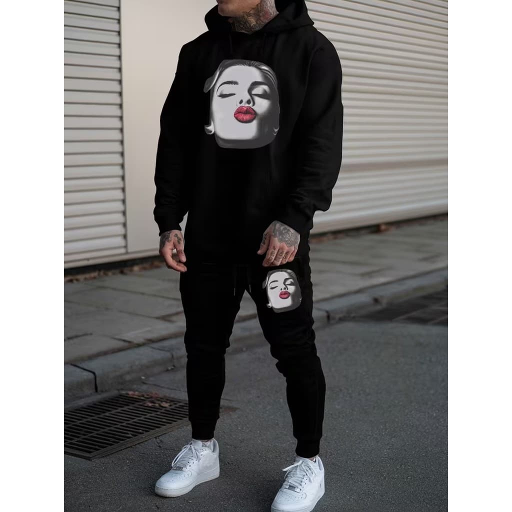 Conjunto Moletom Canguru Masculino Beijo Blusa De Frio + Calça Moletom Estampados Unissex Outono/Inverno