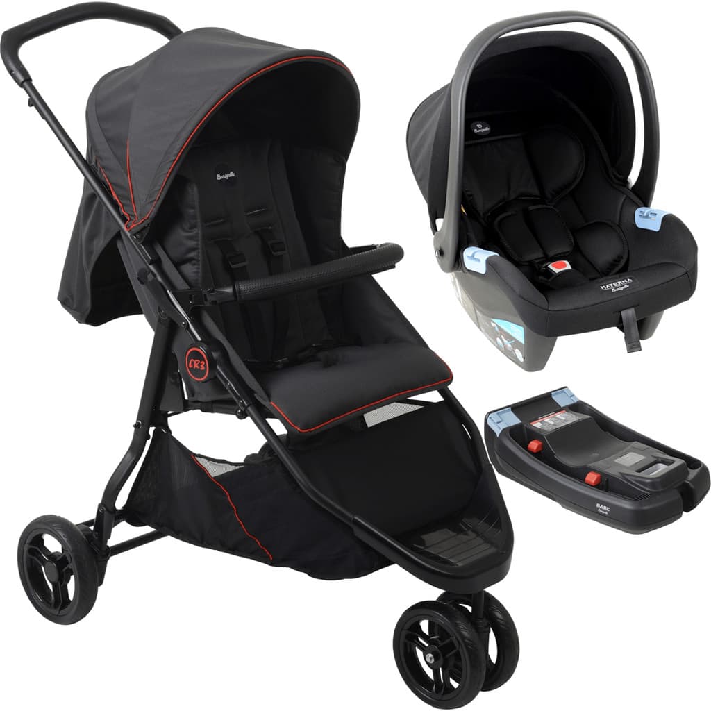 Carrinho de Bebe com Bebe Conforto Preto Base Burigotto CR3 Gray Red