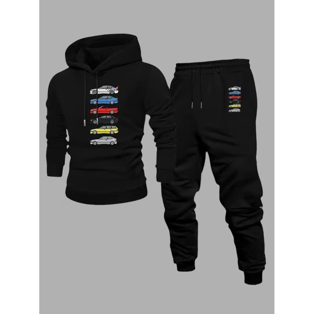 Conjunto Moletom Canguru Masculino Carrinhos Blusa De Frio + Calça Moletom Estampados Unissex Outono/Inverno