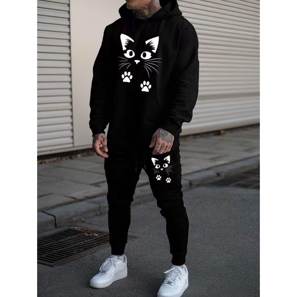 Conjunto Moletom Canguru Masculino Gatinho Blusa De Frio + Calça Moletom Estampados Unissex Outono/Inverno